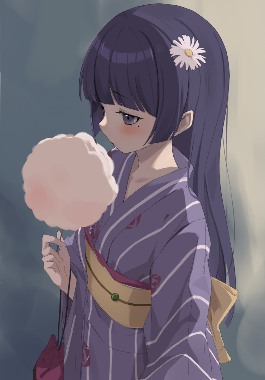 1girl, black_hair, blunt_bangs, blush, commentary_request, cotton_candy, daisy, flower