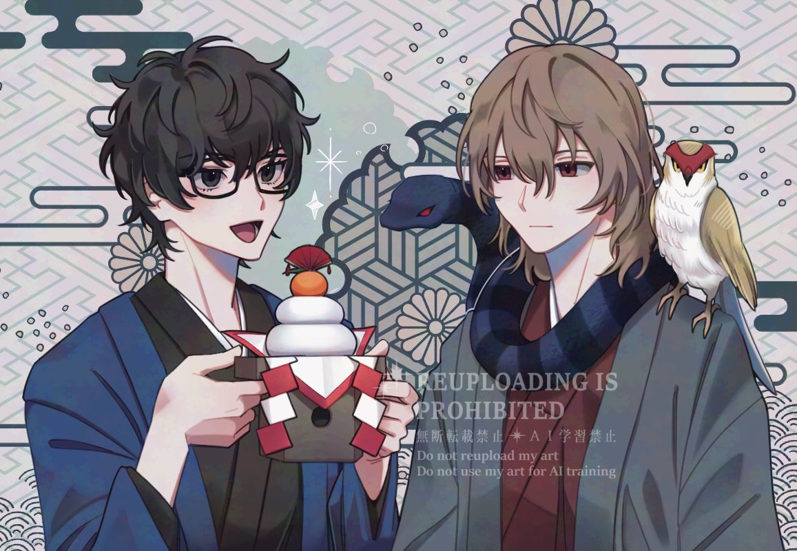 2boys, :d, :|, akechi_gorou, amamiya_ren, animal_on_shoulder, bird, bird_on_shoulder
