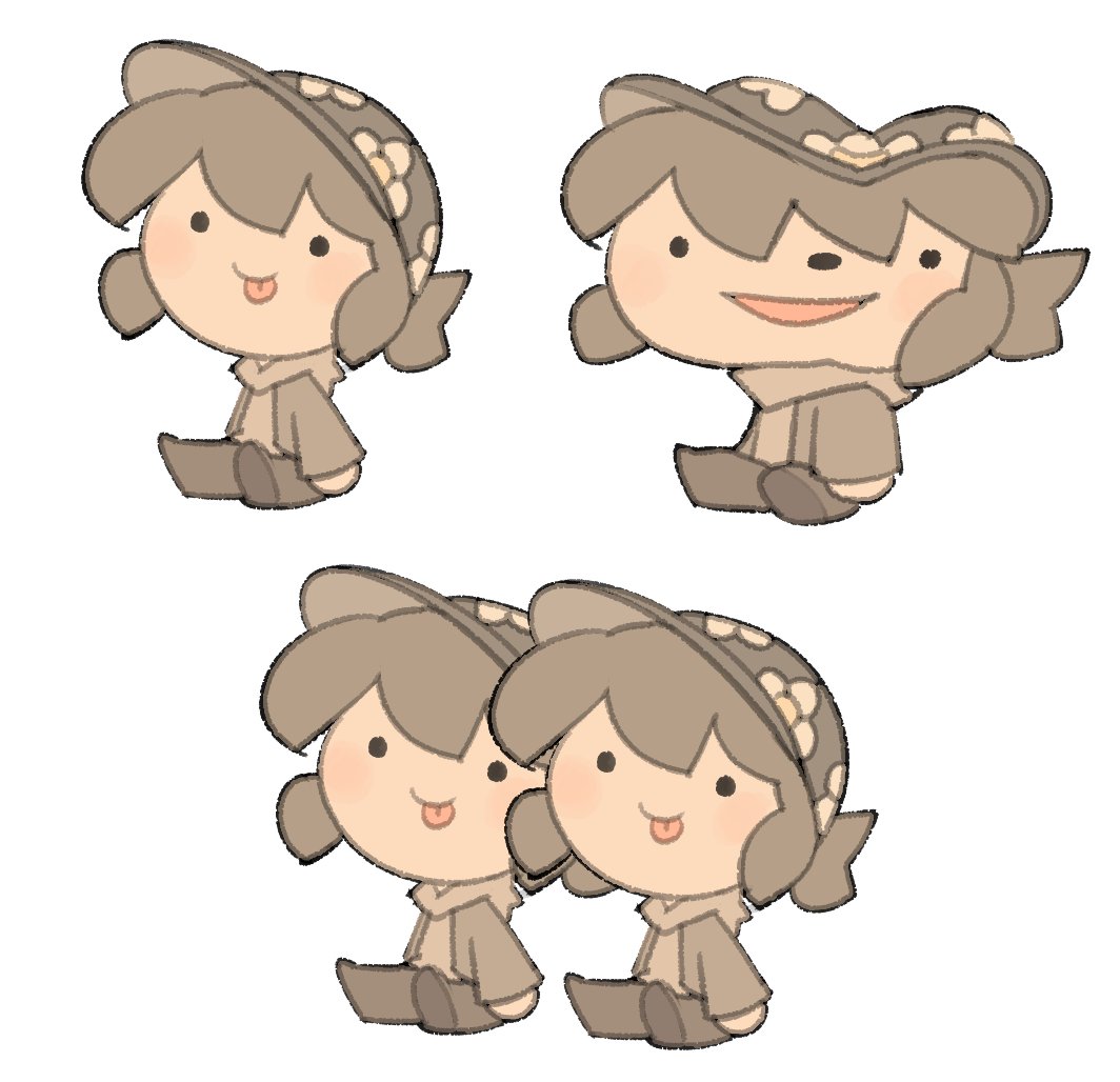 2girls, :p, blush, clone, closed_mouth, commentary, english_commentary, floral_print, full_body, grey_footwear, grey_hair, grey_hat, grey_jacket, grey_pants, grey_shirt, hat, jacket, mitosis, multiple_girls, open_mouth, original, pants, shirt, shoes, simple_background, smile, temmie_chang, temmie_chang_(character), tongue, tongue_out, white_background