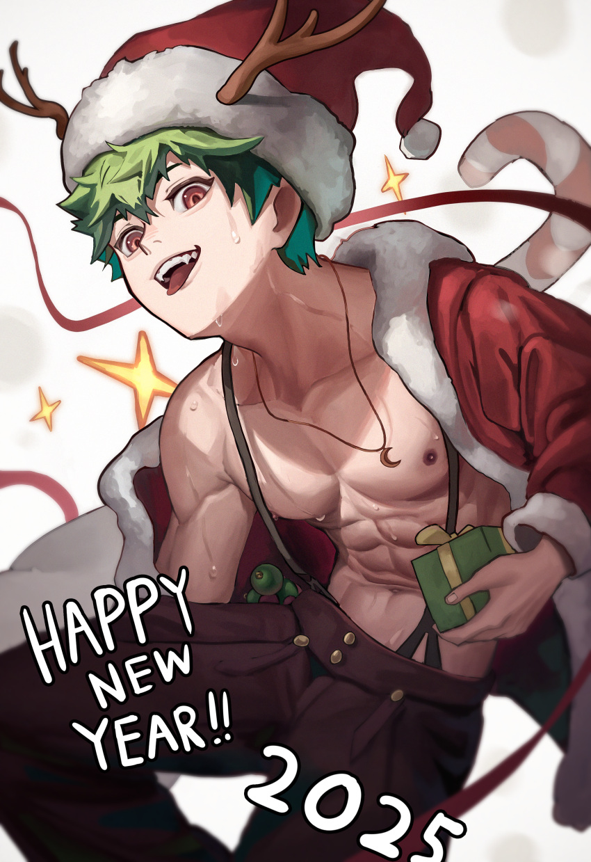 1boy, abs, absurdres, bad_source, bishounen, green_hair, hat, highres, looking_at_viewer, male_focus, muscular, muscular_male, navel, nipples, pectorals, santa_hat, shin_ra_ra, stomach, sweat, sweatdrop, teeth, toned, toned_male, tongue, tongue_out, upper_teeth_only