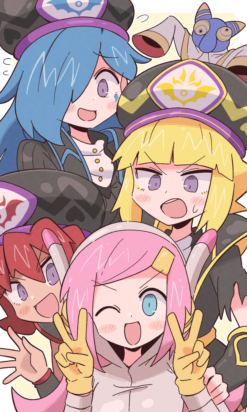 1boy, 4girls, :d, black_hat, blonde_hair, blue_eyes, blue_hair, border, commentary_request, corrupt_hyness, double_v, flamberge_(kirby), flying_sweatdrops, francisca_(kirby), furrowed_brow, gloves, hair_over_one_eye, hat, highres, hyness, kirby:_planet_robobot, kirby:_star_allies, kirby_(series), kurachi_mizuki, long_hair, medium_hair, multiple_girls, one_eye_closed, open_mouth, outside_border, pink_hair, redhead, smile, susie_(kirby), sweat, v, v-shaped_eyebrows, violet_eyes, white_border, yellow_background, yellow_gloves, zan_partizanne