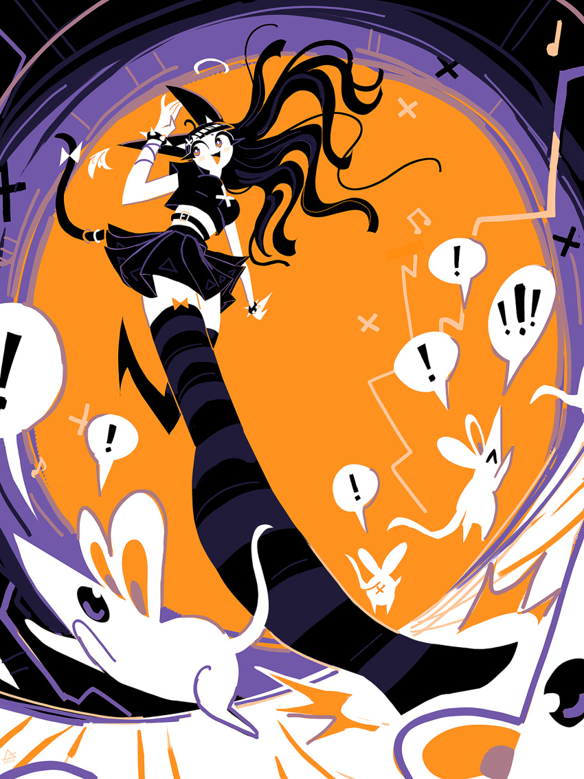 !, 1girl, andaerz, animal_ears, black_hair, black_skirt, cat_ears, cat_girl