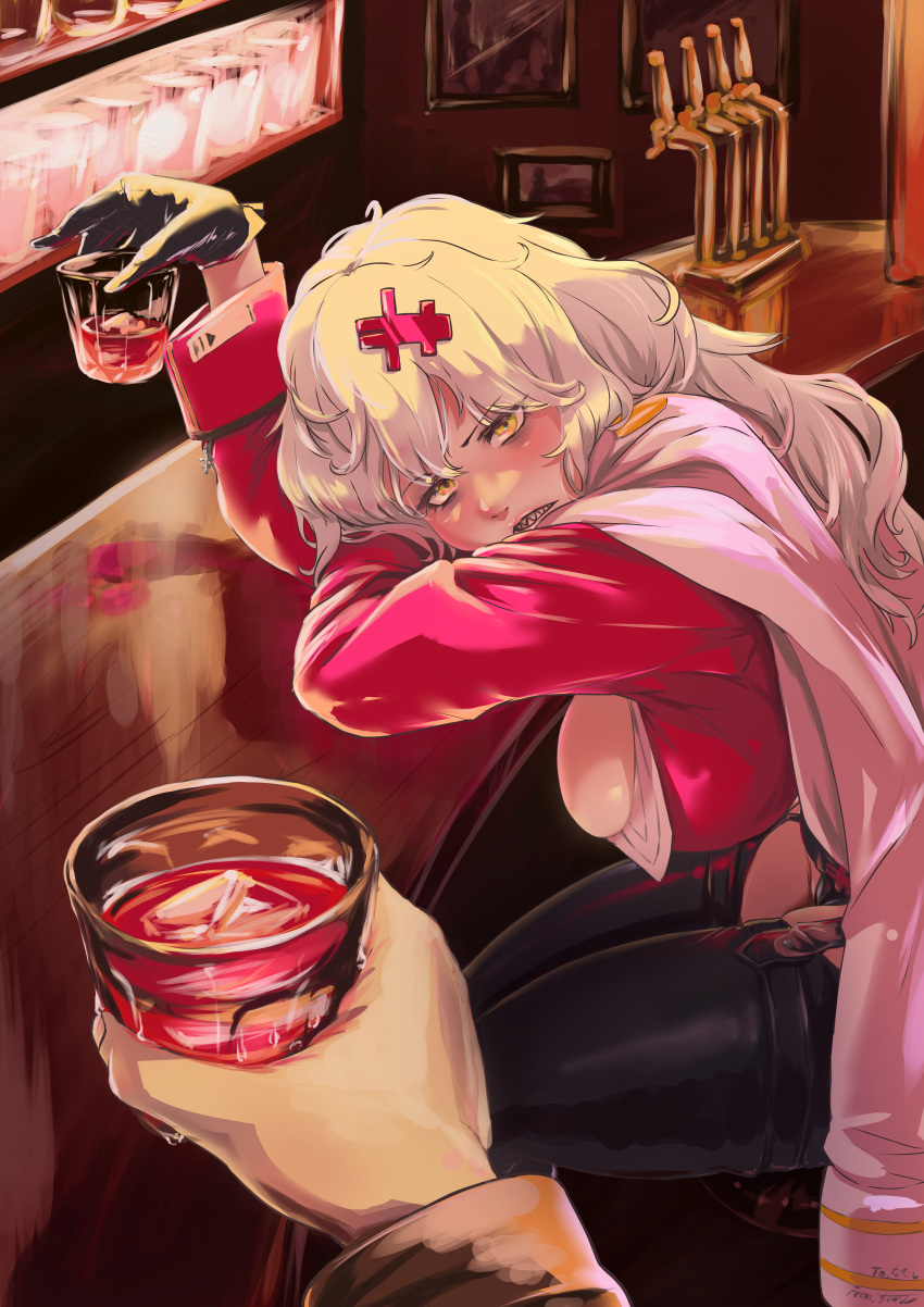 1boy, 1girl, absurdres, alcohol, bar_(place), black_gloves, blush, breasts