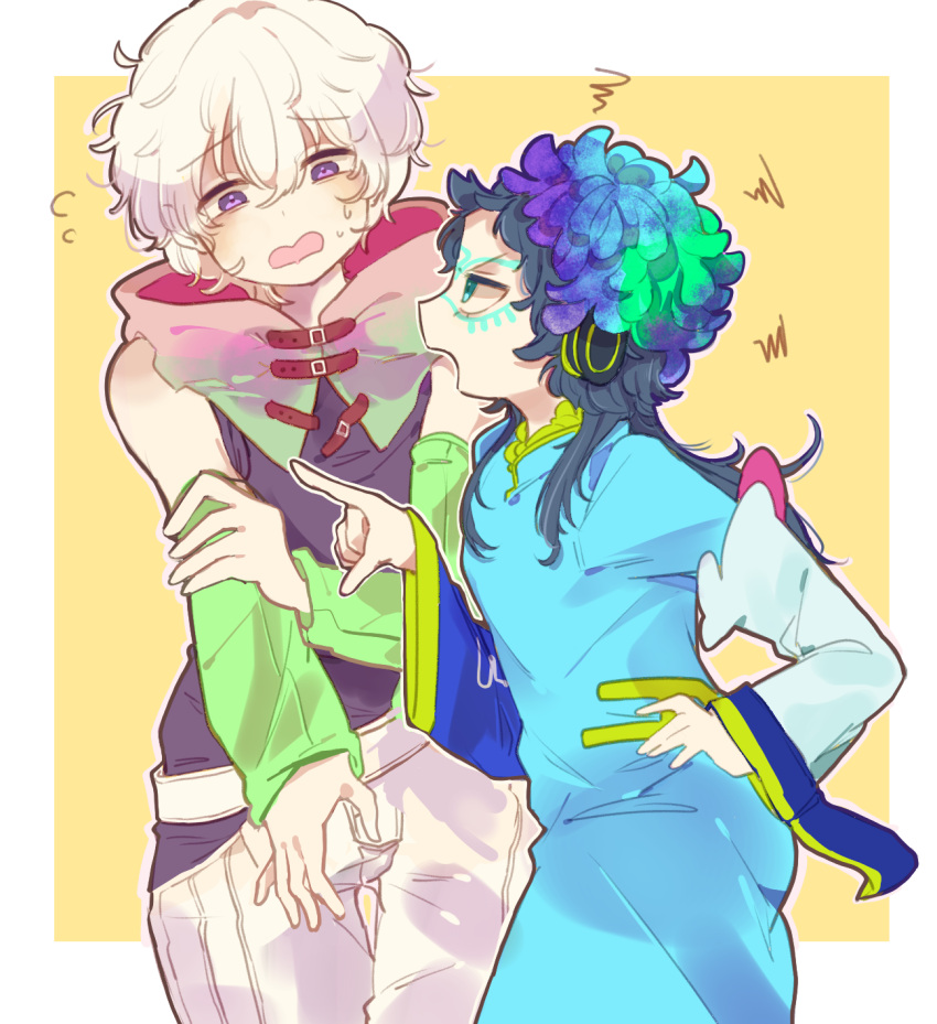 1boy, 1other, androgynous, bags_under_eyes, bare_shoulders, blue_hair, detached_sleeves, dress