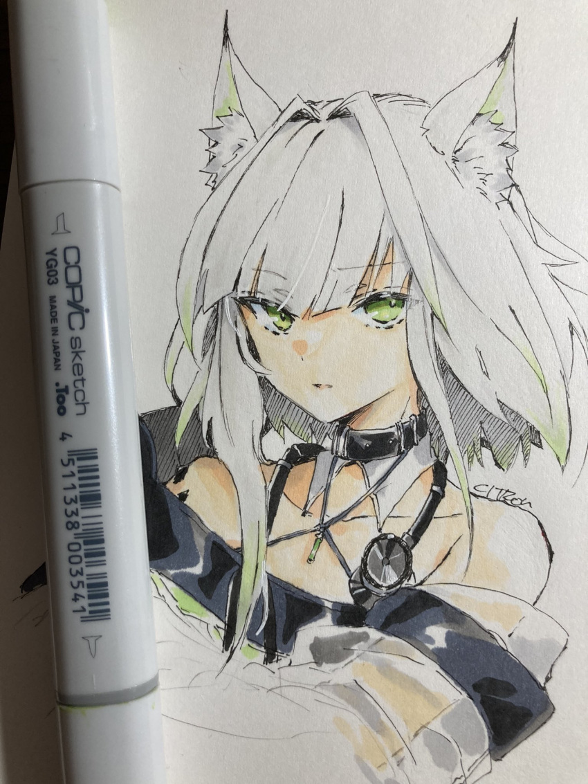 1girl, animal_ears, arknights, artist_name, bare_shoulders, black_collar, cat_ears, cat_girl