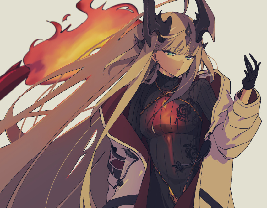 1girl, arknights, armband, black_gloves, black_horns, black_sweater, breasts, citron80citron