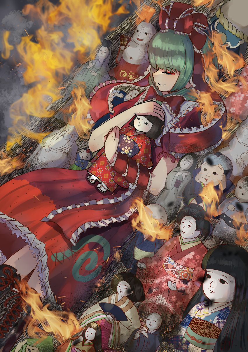 1girl, absurdres, bow, doll, dress, fire, green_hair, highres
