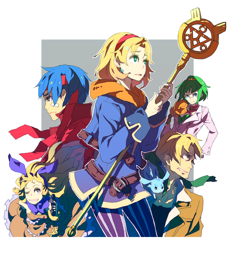 3girls, angry, animal_ears, belt, blonde_hair, blue_eyes, blue_hair, calamity_jane, cecilia_lynne_adelhyde, choker, coat, creature, dress, emma_hetfield, everyone, frown, glasses, green_eyes, green_hair, gun, hairband, hanpan, headband, jack_van_burace, long_hair, multiple_boys, multiple_girls, pantyhose, purple_legwear, rody_roughnight, shirt, short_hair, skirt, smile, so3fans, staff, striped, striped_pantyhose, vertical-striped_legwear, vertical_stripes, weapon, wild_arms, wild_arms_1, wild_arms_alter_code_f, wink