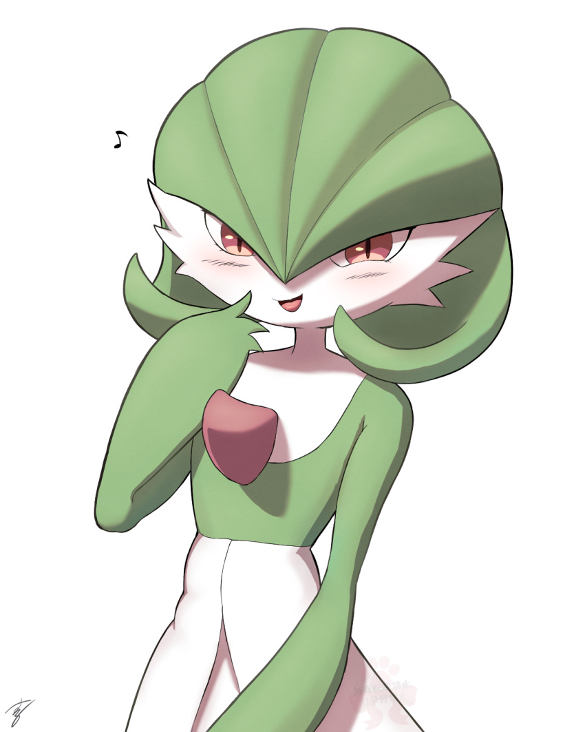 1girl, artist_name, blush, bob_cut, colored_skin, commentary, flat_chest, gardevoir