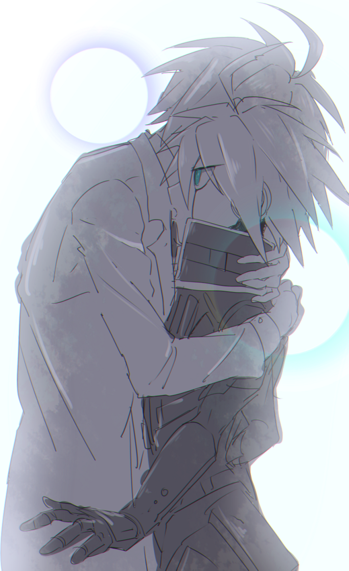2boys, ahoge, android, armor, blue_eyes, colored_skin, commentary_request, danganronpa_(series)