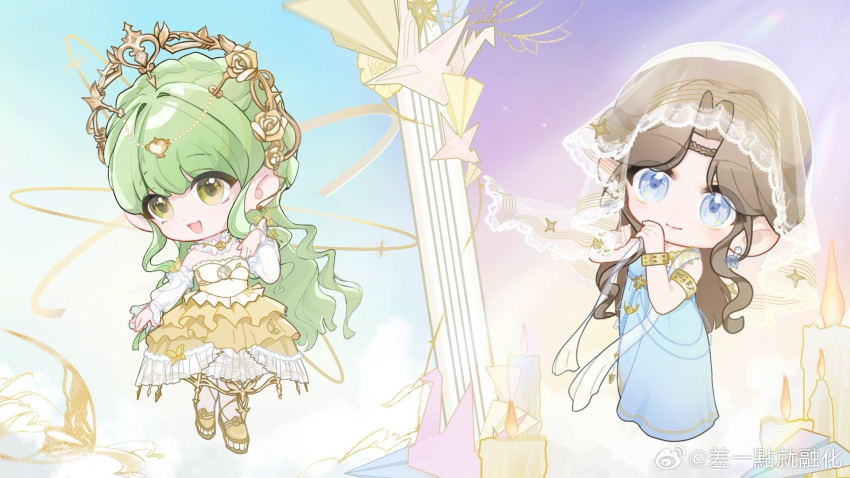 2girls, bare_shoulders, blue_dress, blue_eyes, blue_sky, bracelet, braid, brown_hair