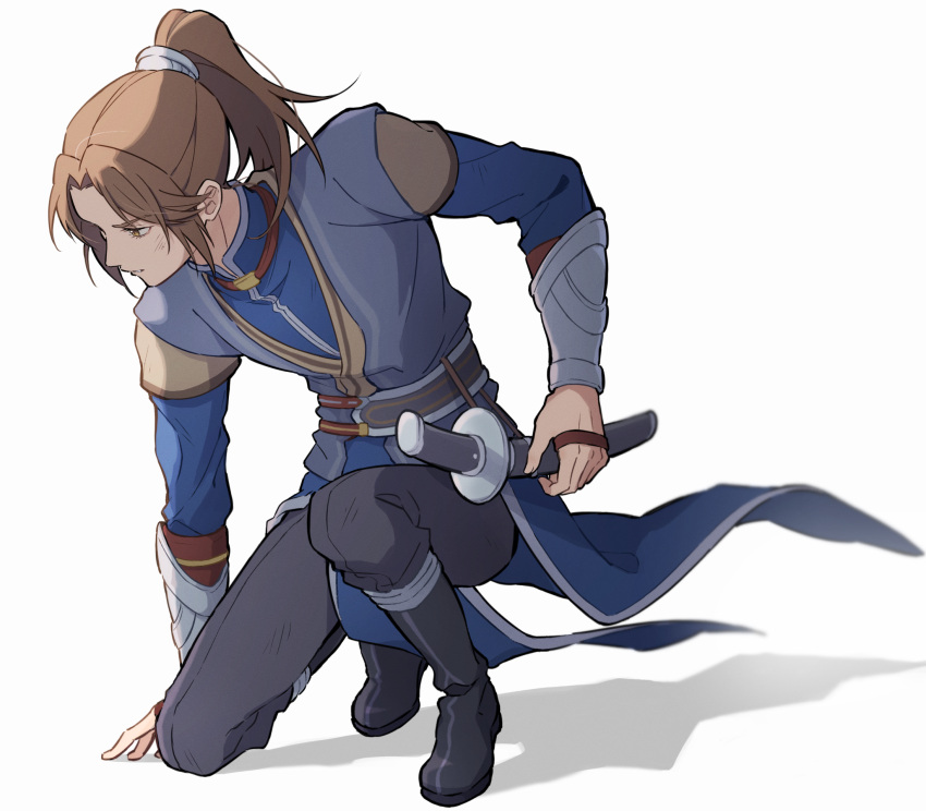 1boy, arm_support, black_footwear, black_pants, blue_hanfu, blurry, blurry_background, boots