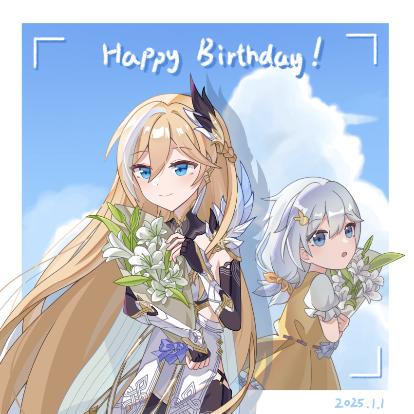 2girls, birthday, blonde_hair, blue_eyes, blue_sky, border, bouquet, braid