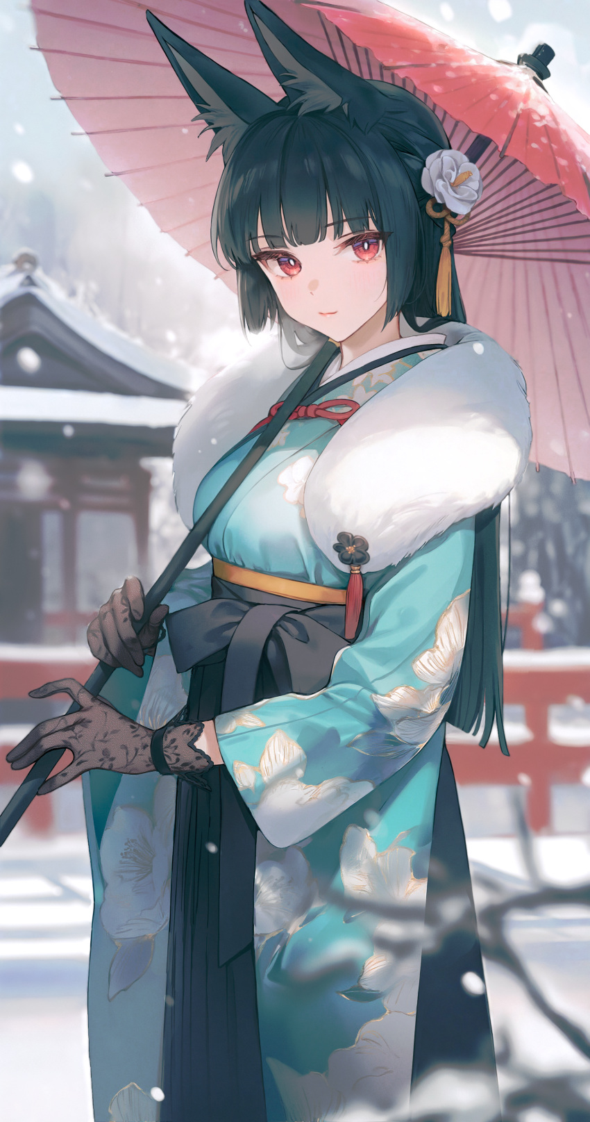 1girl, absurdres, ai-assisted, alternate_costume, animal_ear_fluff, animal_ears, black_gloves, black_hair