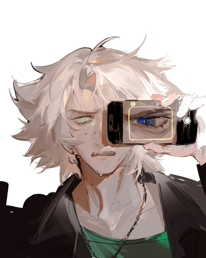 1boy, black_jacket, blue_eyes, cellphone, classicaloid, earrings, green_shirt, grey_eyes