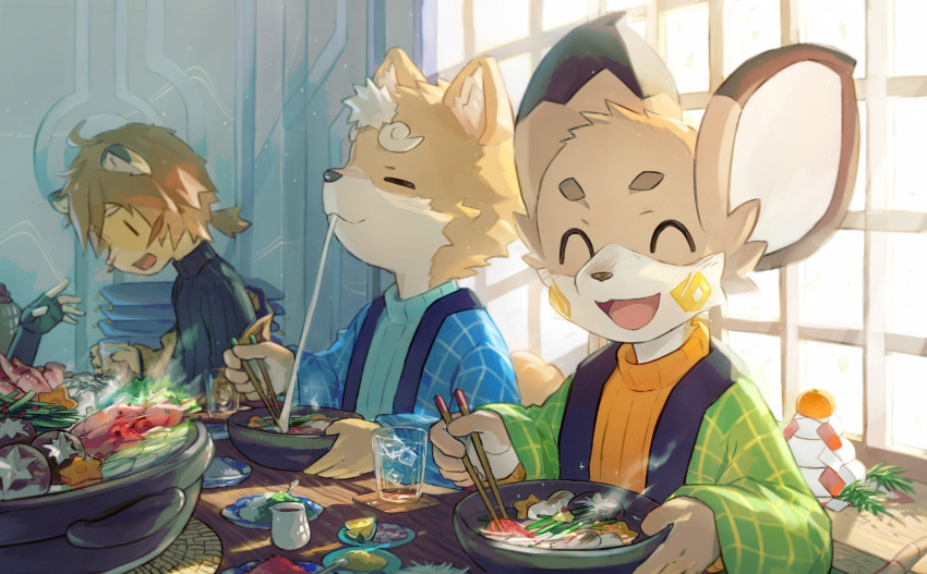 3boys, animal_ears, black_gloves, black_sweater, blue_sweater, bowl, chopsticks, closed_eyes