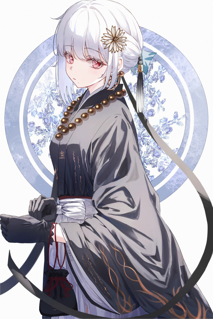 1girl, absurdres, adjusting_clothes, adjusting_gloves, alternate_costume, bead_necklace, beads, black_bag