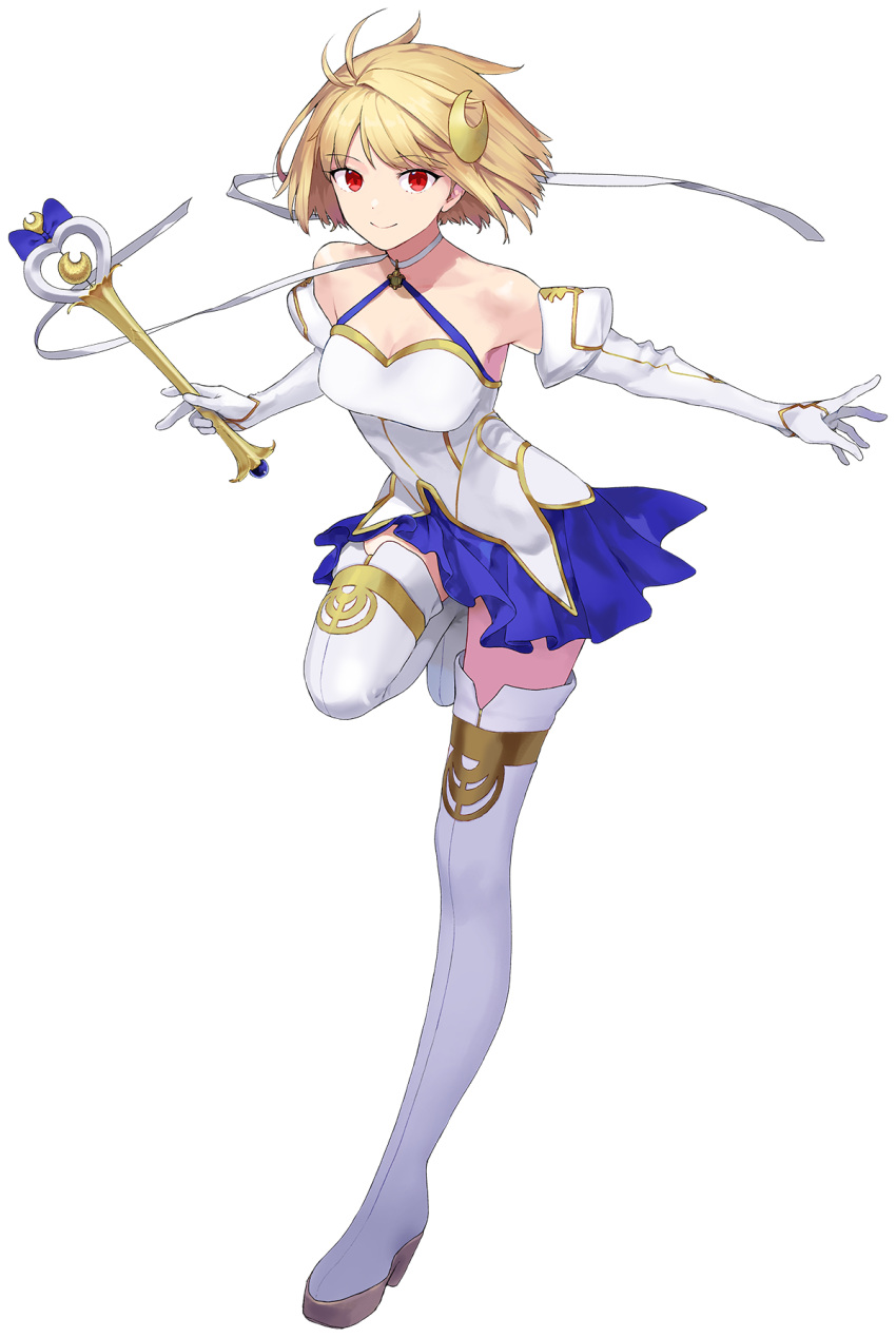 1girl, ahoge, arcueid_brunestud, bare_shoulders, blonde_hair, blue_skirt, boots, breasts, collarbone, crescent, crescent_hair_ornament, detached_sleeves, fate/grand_order, fate_(series), full_body, hair_ornament, halterneck, highres, holding, holding_wand, large_breasts, long_sleeves, looking_at_viewer, magical_girl, official_art, outline, phantas-moon, red_eyes, short_hair, skirt, smile, space_phantas-moon_another_christmas, standing, standing_on_one_leg, tachi-e, takenashi_eri, thigh-highs, thigh_boots, transparent_background, wand, white_outline