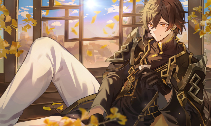 02bear20, 1boy, absurdres, armor, black_gloves, brown_gloves, brown_hair, brown_shirt