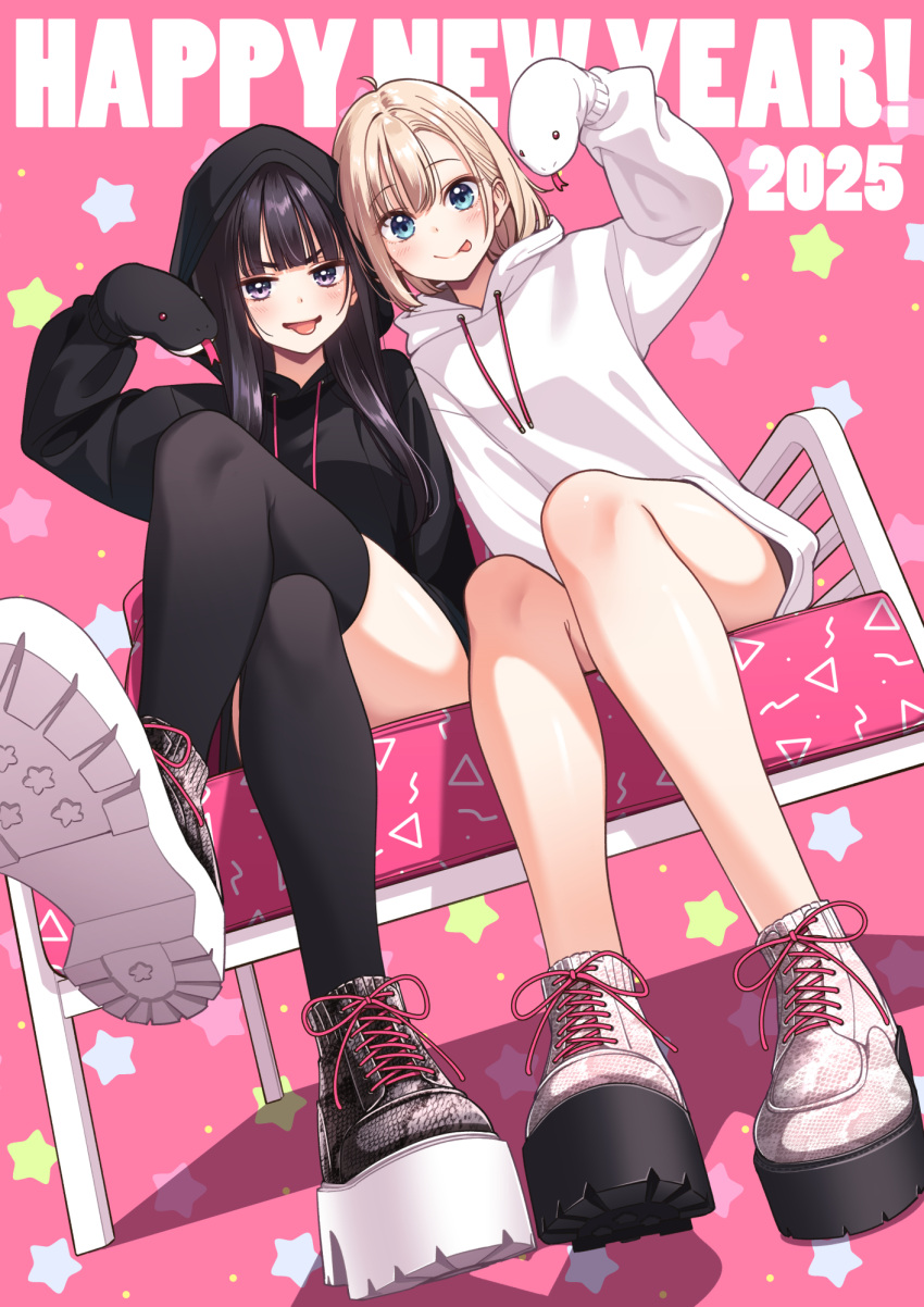 2025, 2girls, black_footwear, black_hair, black_hoodie, black_thighhighs, blue_eyes, brown_hair, closed_mouth, cross-laced_footwear, crossed_legs, english_text, full_body, hand_up, happy_new_year, highres, hood, hoodie, idol_x_idol_story!, long_hair, long_sleeves, looking_at_viewer, multiple_girls, nagisa_mimi, nanakusa_ibuki, open_mouth, shoes, short_hair, sitting, smile, star_(symbol), thigh-highs, tokunou_shoutarou, tongue, tongue_out, violet_eyes, white_footwear, white_hoodie