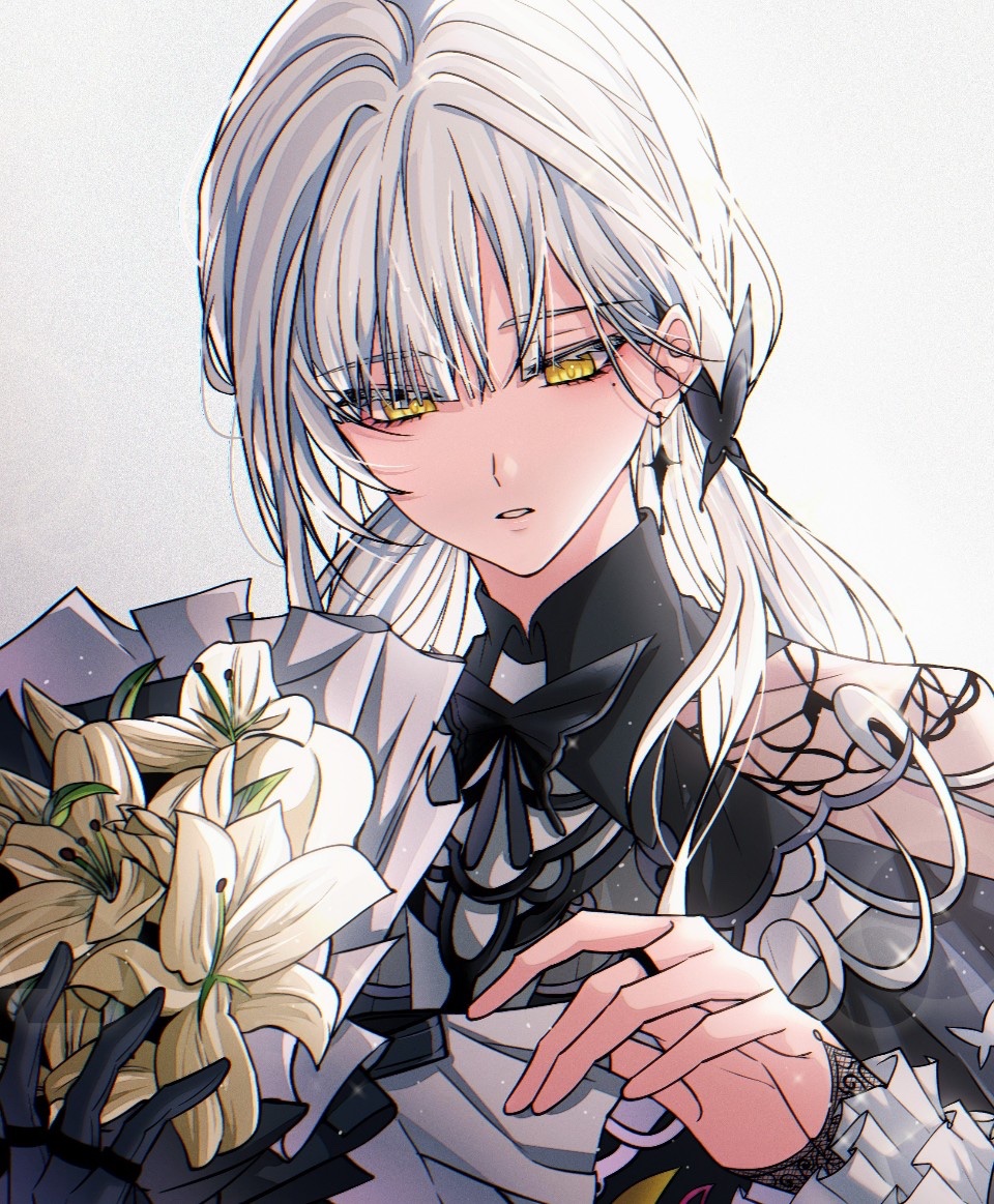 1girl, bouquet, clotho_(neural_cloud), commentary_request, earrings, flower, girls'_frontline_neural_cloud, girls_frontline