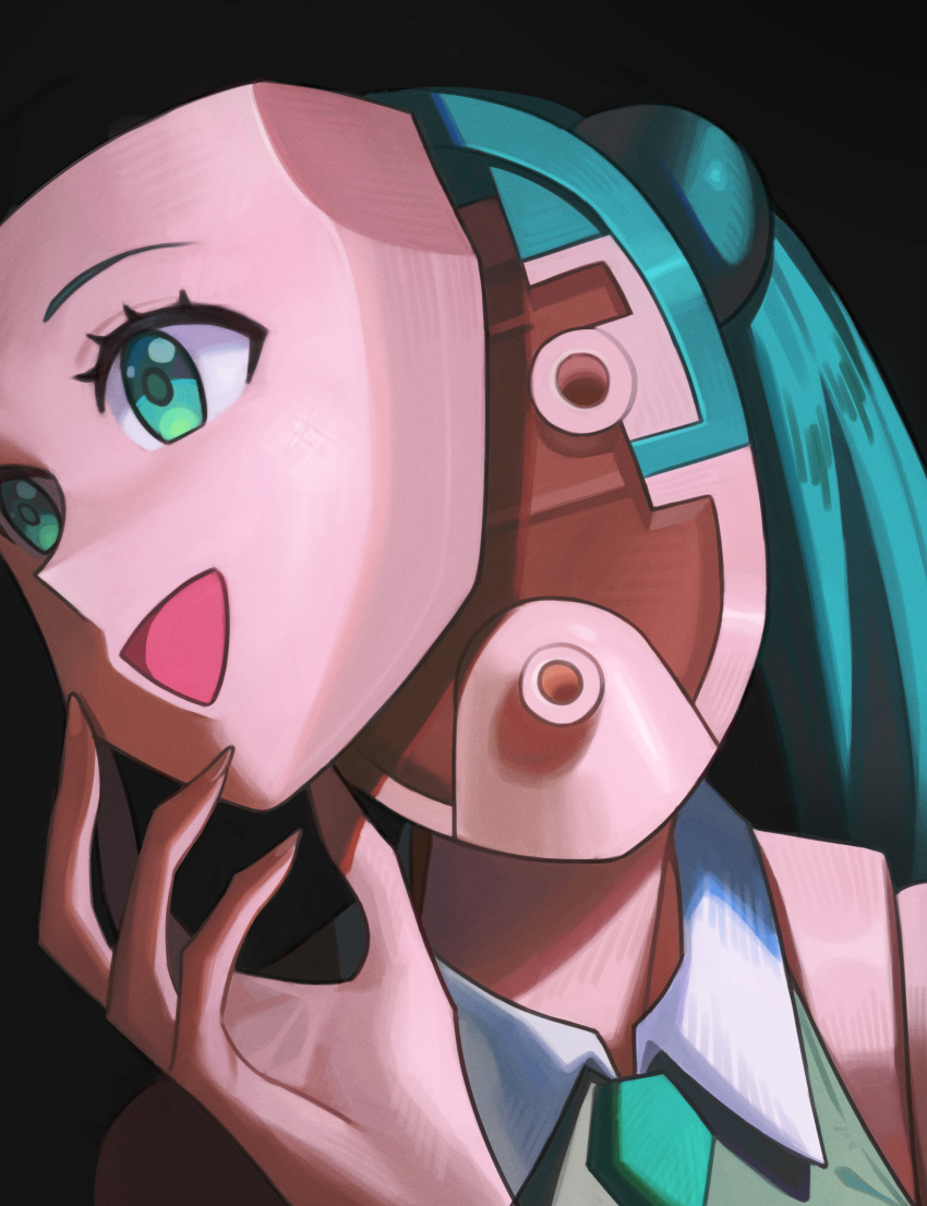 1girl, absurdres, aqua_eyes, aqua_hair, black_background, blue_hair, body_horror, collared_shirt