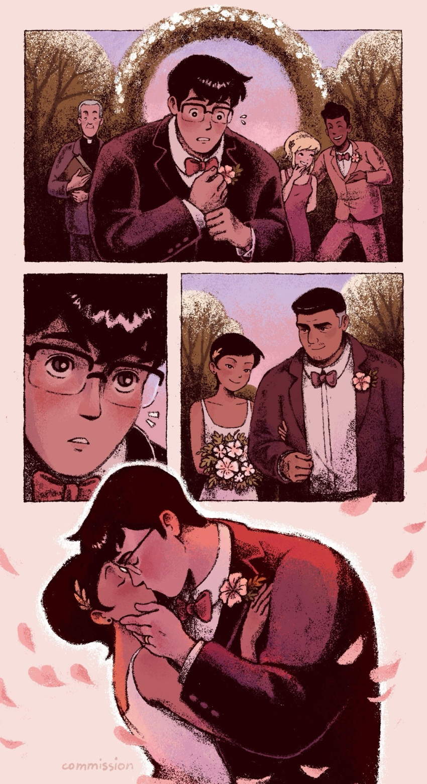 2girls, 3boys, arch, black_hair, blazer, blonde_hair, blue_eyes, bouquet