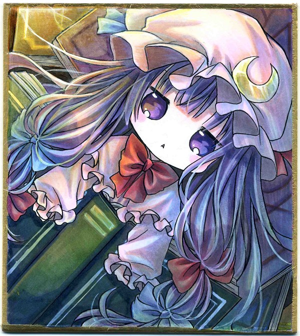 :<, book, border, bow, chibi, crescent, hair_bow, hat