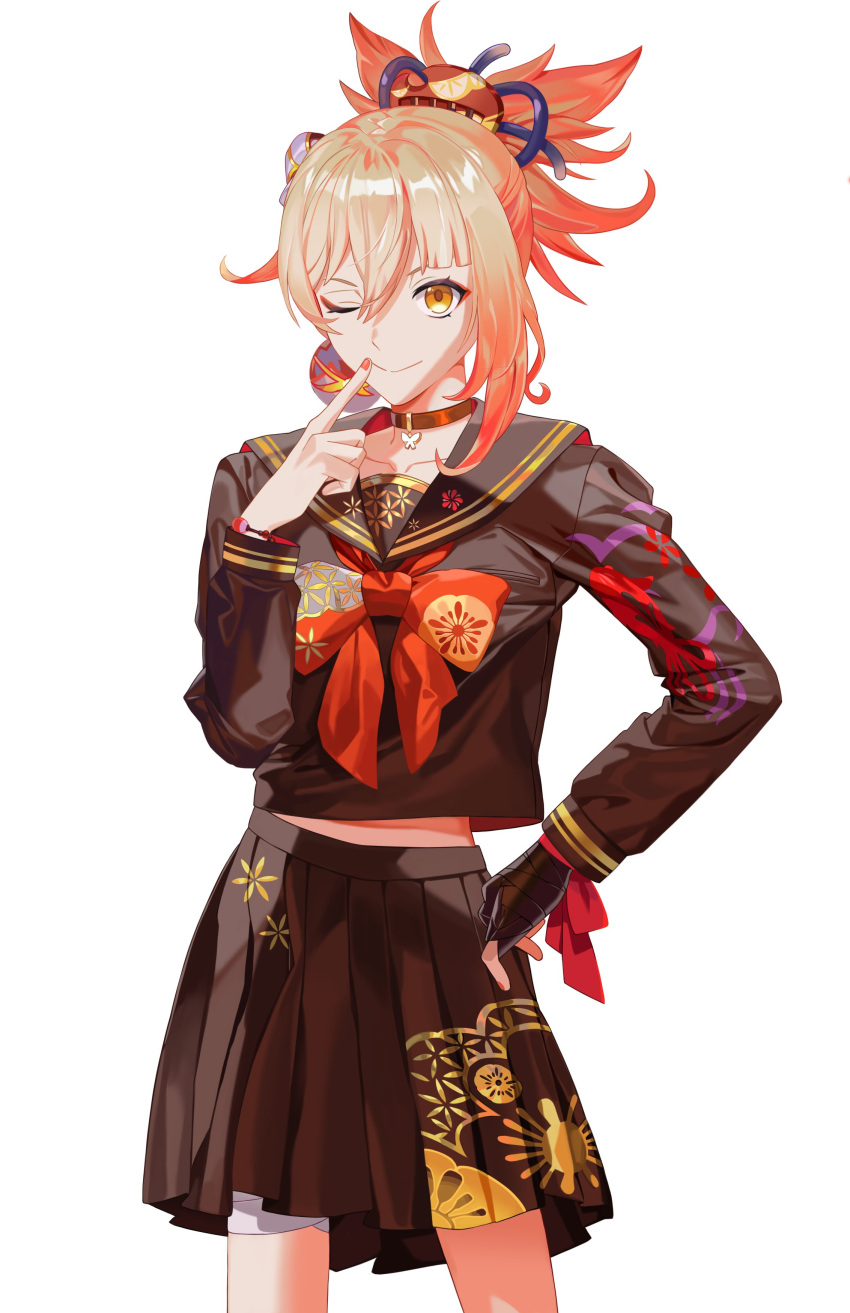 1girl, absurdres, alternate_costume, black_gloves, black_serafuku, black_shirt, black_skirt, blonde_hair