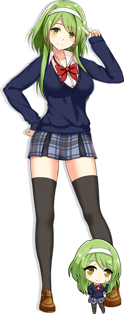 1girl, black_thighhighs, blue_shirt, blue_sweater, bow, bowtie, breasts, brown_footwear