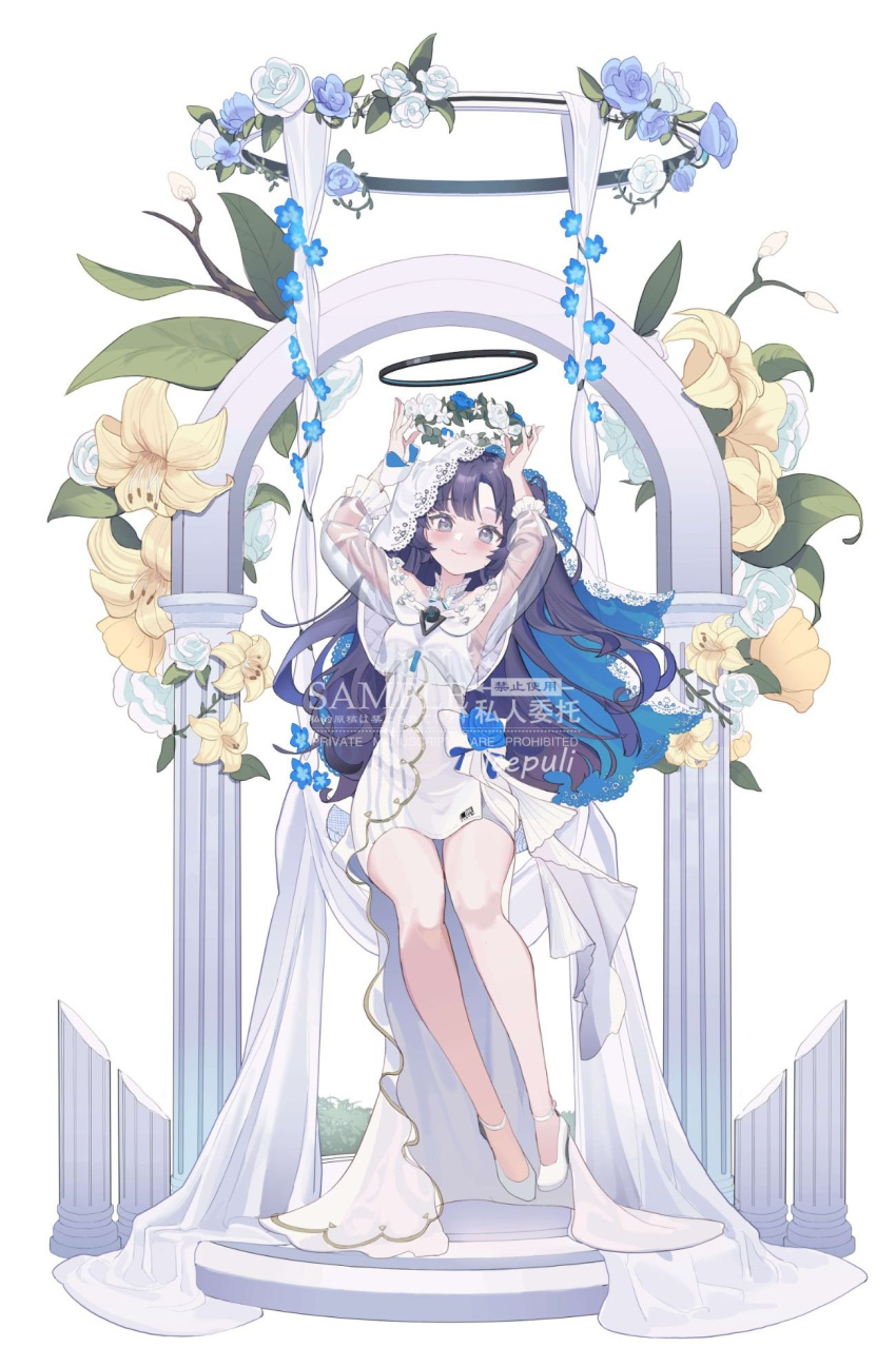 1girl, blue_archive, blue_flower, blush, cape, dress, flower, hair_between_eyes