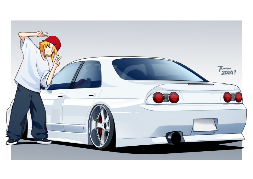 1girl, 2024, :3, ^_^, absurdres, backwards_hat, blonde_hair, blue_footwear