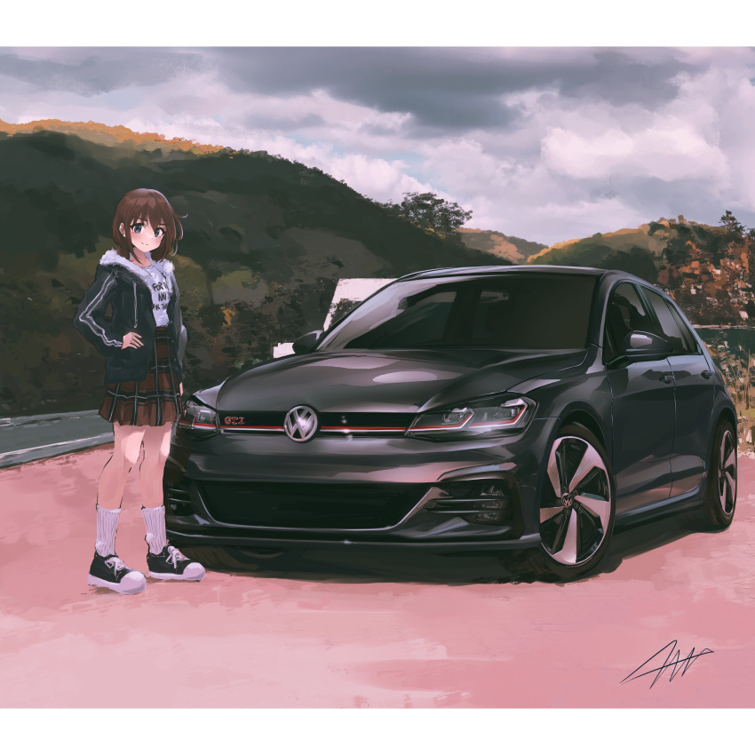 1girl, absurdres, black_car, black_jacket, bob_cut, brown_hair, car, closed_mouth