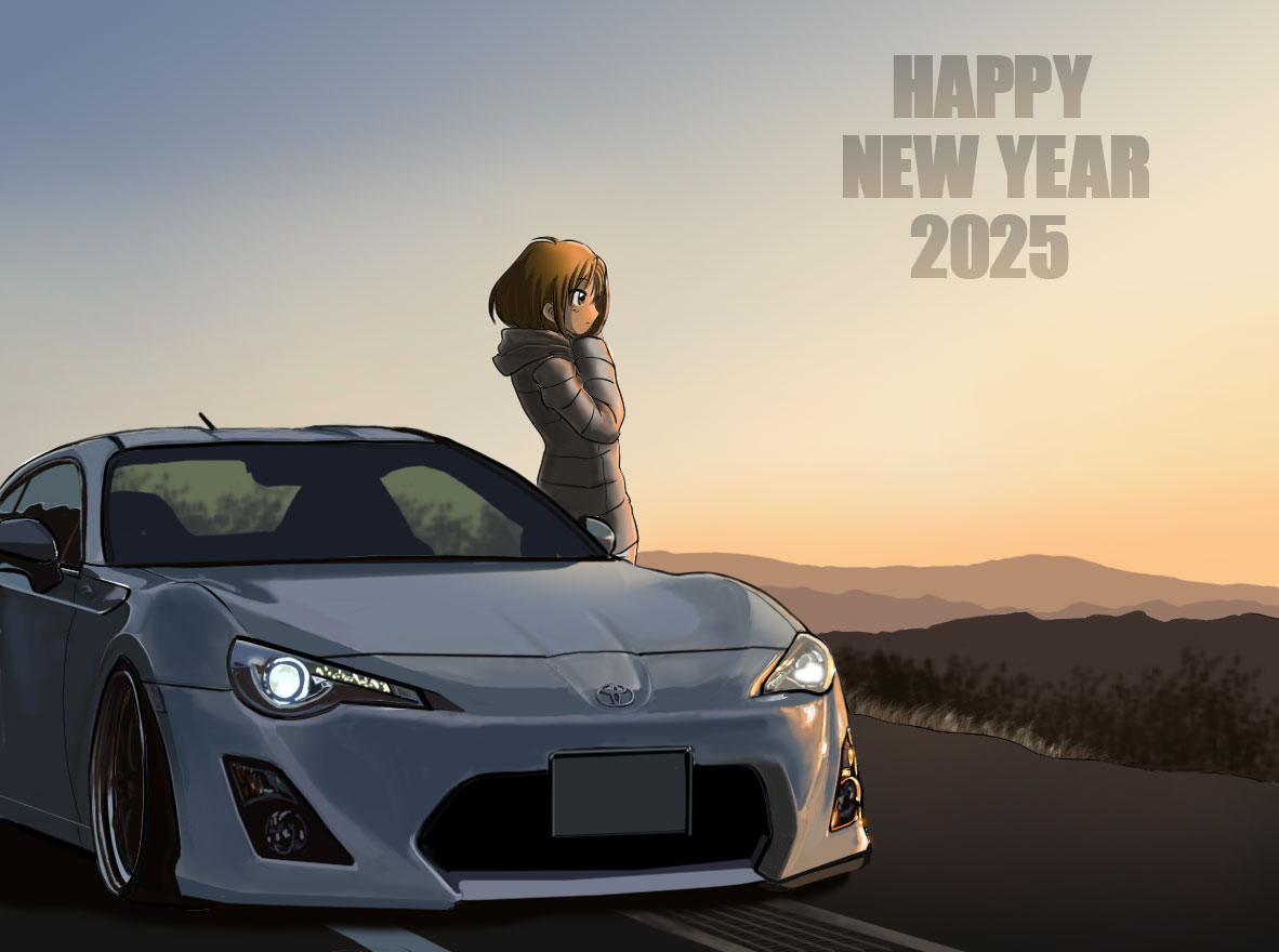 1girl, 2025, akiran_(r32), brown_eyes, brown_hair, car, commentary_request, grey_jacket