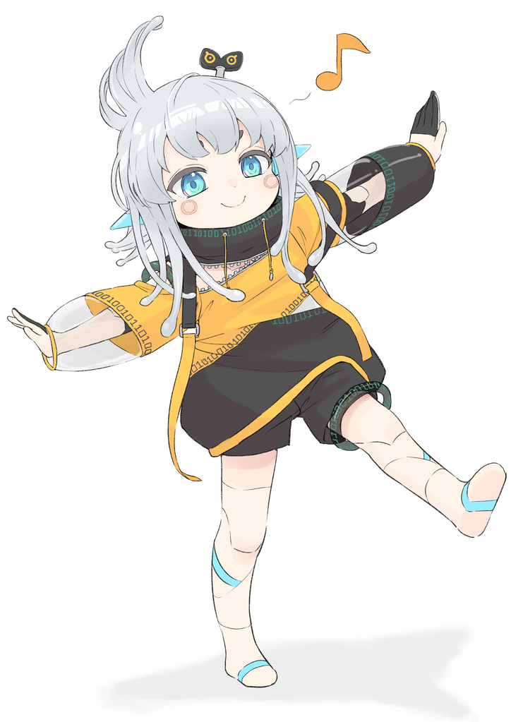 1girl, and_uge, android, ashigaru_kinoko, balancing, bare_legs, barefoot, blue_eyes, blunt_bangs, blush, circle_facial_mark, closed_mouth, commentary, eighth_note, full_body, grey_hair, hair_ornament, hairpods, high_collar, joints, long_hair, long_sleeves, looking_at_viewer, musical_note, nanashi_inc., outstretched_arms, robot_joints, see-through_clothes, see-through_sleeves, shadow, simple_background, smile, solo, standing, standing_on_one_leg, thick_eyebrows, v_ap_art, virtual_youtuber, white_background, winding_key