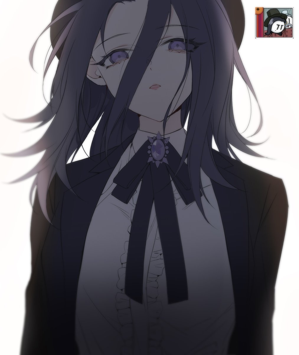 1girl, animification, arms_at_sides, bad_id, bad_twitter_id, black_hair, black_hat, black_jacket, black_ribbon, blurry, brooch, carol_cross, center_frills, collared_shirt, depth_of_field, double-parted_bangs, english_commentary, frills, hair_between_eyes, hat, head_tilt, henry_stickmin_(series), highres, inactive_account, jacket, jewelry, korean_commentary, lapels, lips, long_hair_between_eyes, long_sleeves, looking_at_viewer, medium_hair, mixed-language_commentary, neck_ribbon, notched_lapels, open_clothes, open_jacket, open_mouth, purple_brooch, reference_inset, ribbon, shirt, simple_background, solo, straight-on, upper_body, violet_eyes, white_background, white_shirt, wind, yangstick