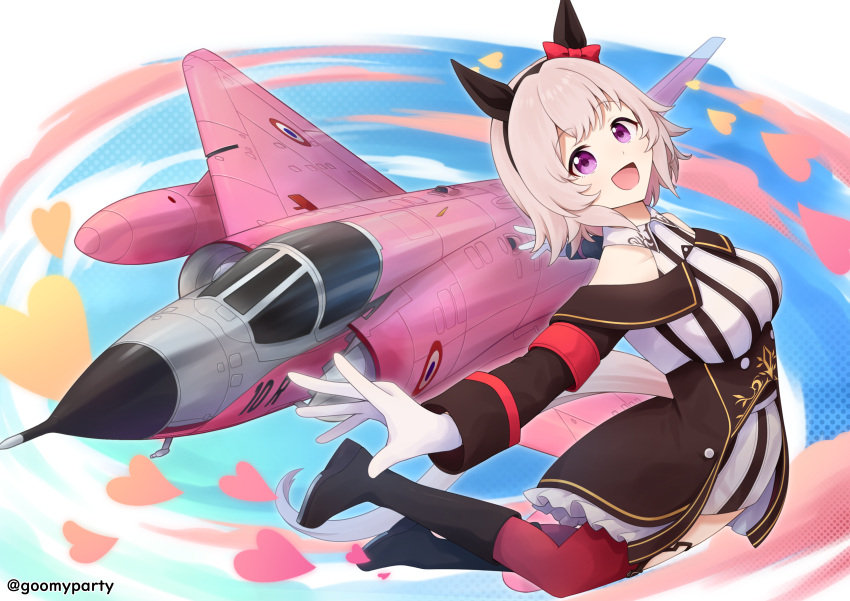 1girl, :d, absurdres, aircraft, airplane, animal_ears, armband, bare_shoulders, black_footwear, black_hairband, black_jacket, blue_sky, boots, bow, breasts, brown_hair, check_vehicle, clouds, curren_chan_(umamusume), dress, ear_bow, fighter_jet, french_air_force, gloves, goom_(goomyparty), hairband, heart, highres, horse_ears, horse_girl, horse_tail, jacket, long_sleeves, medium_breasts, military_vehicle, mirage_iii, red_bow, red_thighhighs, sky, smile, solo, striped_clothes, striped_dress, tail, thigh-highs, thighhighs_under_boots, umamusume, vehicle_request, vertical-striped_clothes, vertical-striped_dress, violet_eyes, white_gloves