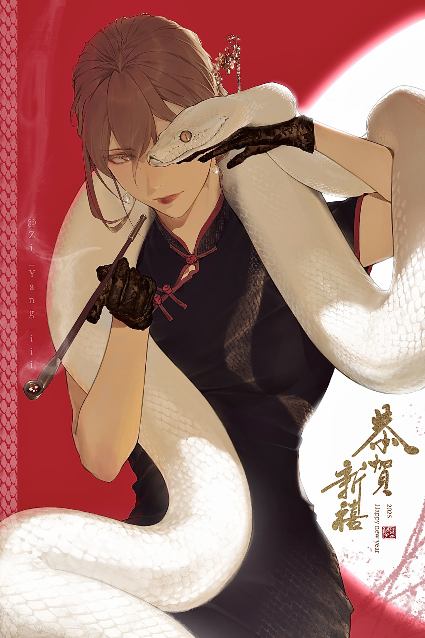 1girl, 2025, absurdres, black_dress, black_gloves, brown_eyes, brown_hair, cheng_(zi74438982)