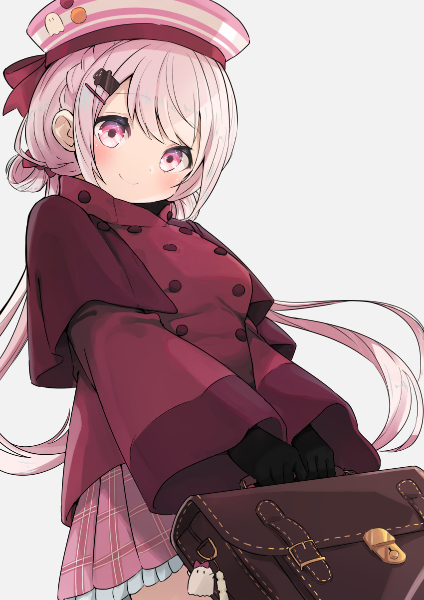 1girl, absurdres, ashigaru_kinoko, bag, bag_charm, black_gloves, buttons, capelet