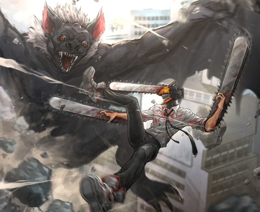 1boy, alternate_form, animal, bat_(animal), bat_devil_(chainsaw_man), battle, black_necktie, black_pants