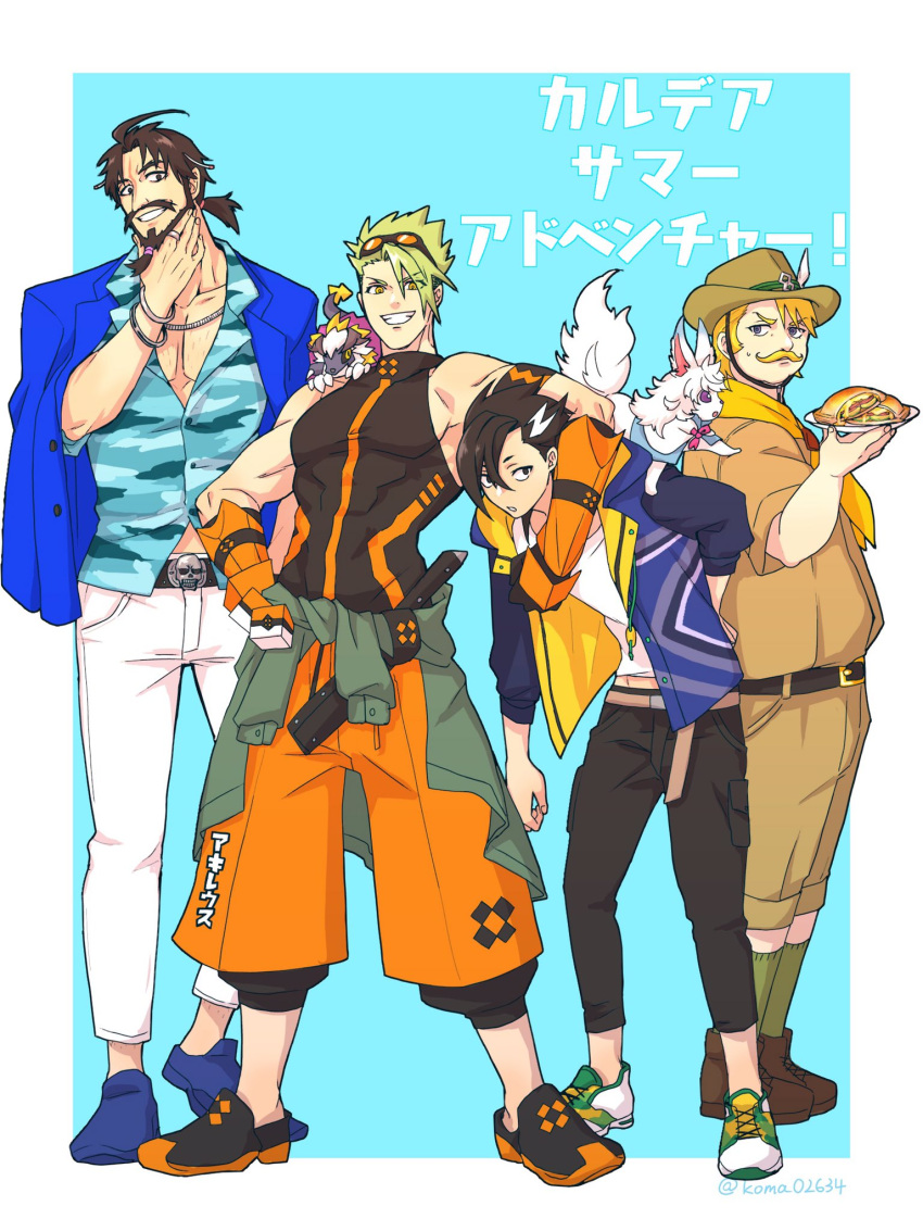 4boys, achilles_(fate), achilles_(fearless_diver)_(fate), beard, belt, black_belt, black_facial_hair, black_shirt