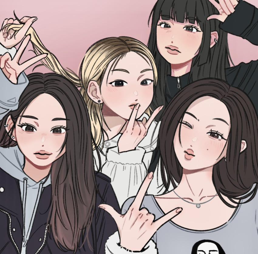 4girls, \m/, animification, belle_(kiss_of_life), black_eyes, black_hair, black_jacket, blonde_hair