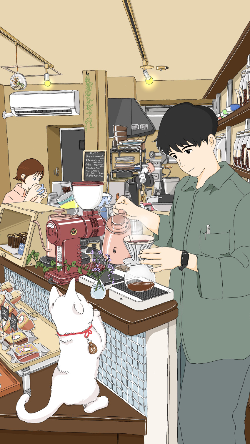 1boy, 1girl, absurdres, animal, black_eyes, black_hair, bowl, bowl_stack