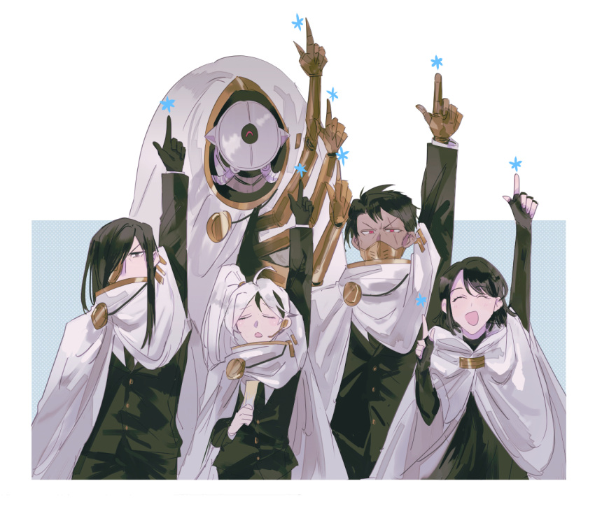 2girls, 3boys, ahoge, arm_up, black_gloves, black_hair, black_jacket, black_necktie