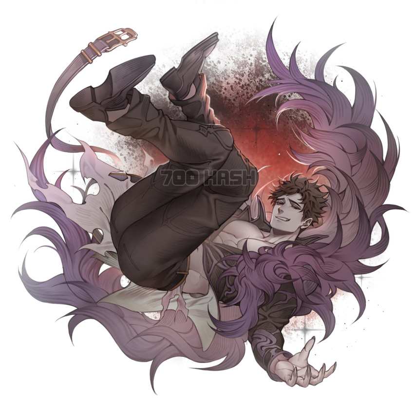 1boy, 700hash, bare_pectorals, belial_(granblue_fantasy), belt, black_pants, fingernails, floating