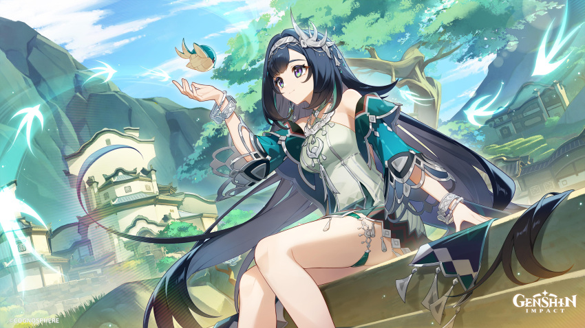 1girl, absurdres, architecture, artist_request, bare_legs, bare_shoulders, bird_hair_ornament, black_hair