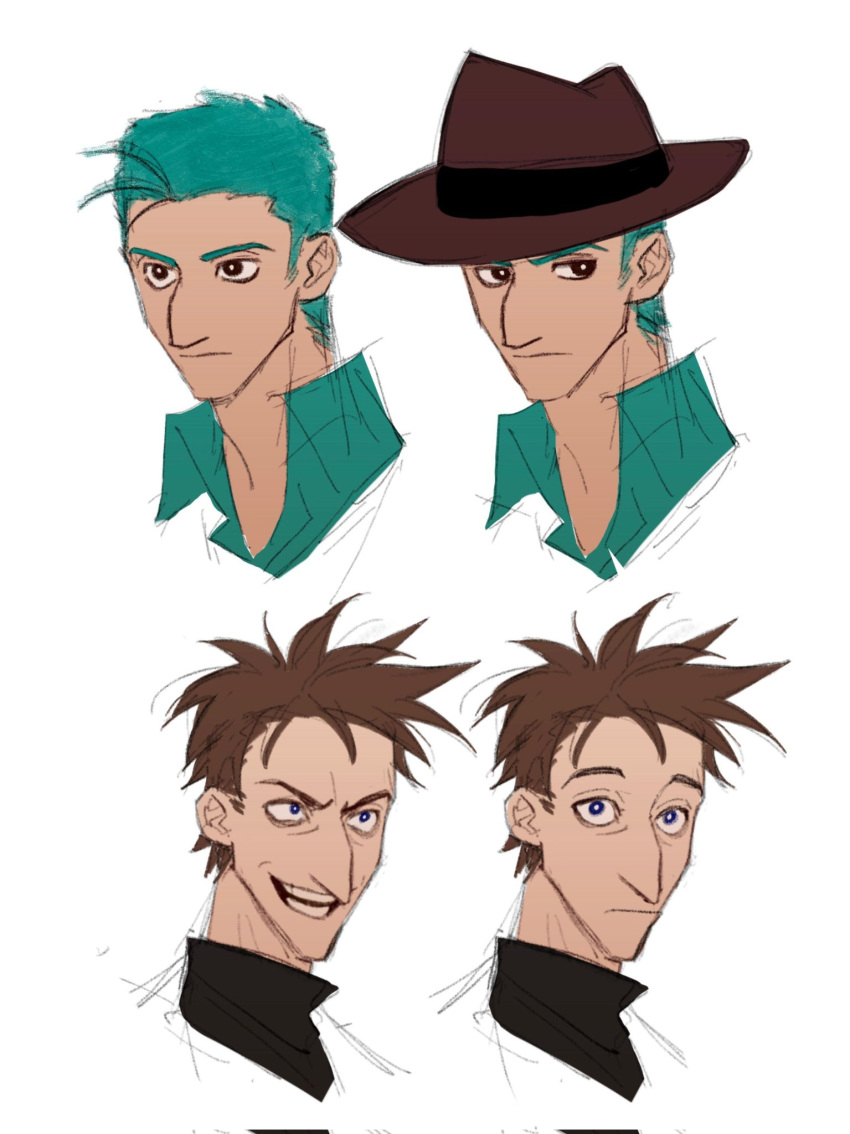 2boys, aqua_eyes, aqua_hair, blue_eyes, brown_hair, chi_zhenjiao, closed_mouth, commentary, hat, heinz_doofenshmirtz, highres, humanization, jetpack, male_focus, multiple_boys, pants, perry_the_platypus, personification, phineas_and_ferb, shirt, short_hair