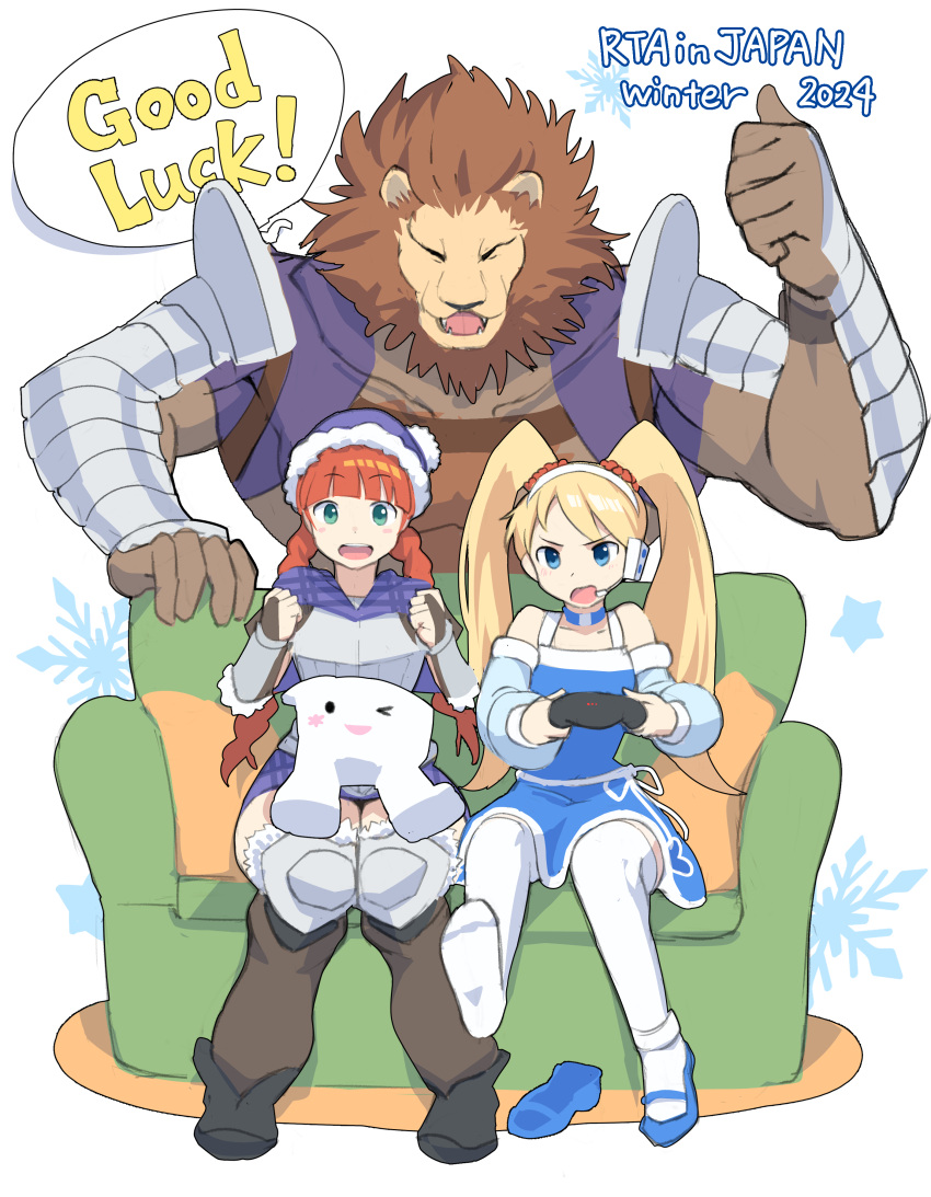 1boy, 1other, 2girls, absurdres, armor, blonde_hair, blue_dress, blue_eyes