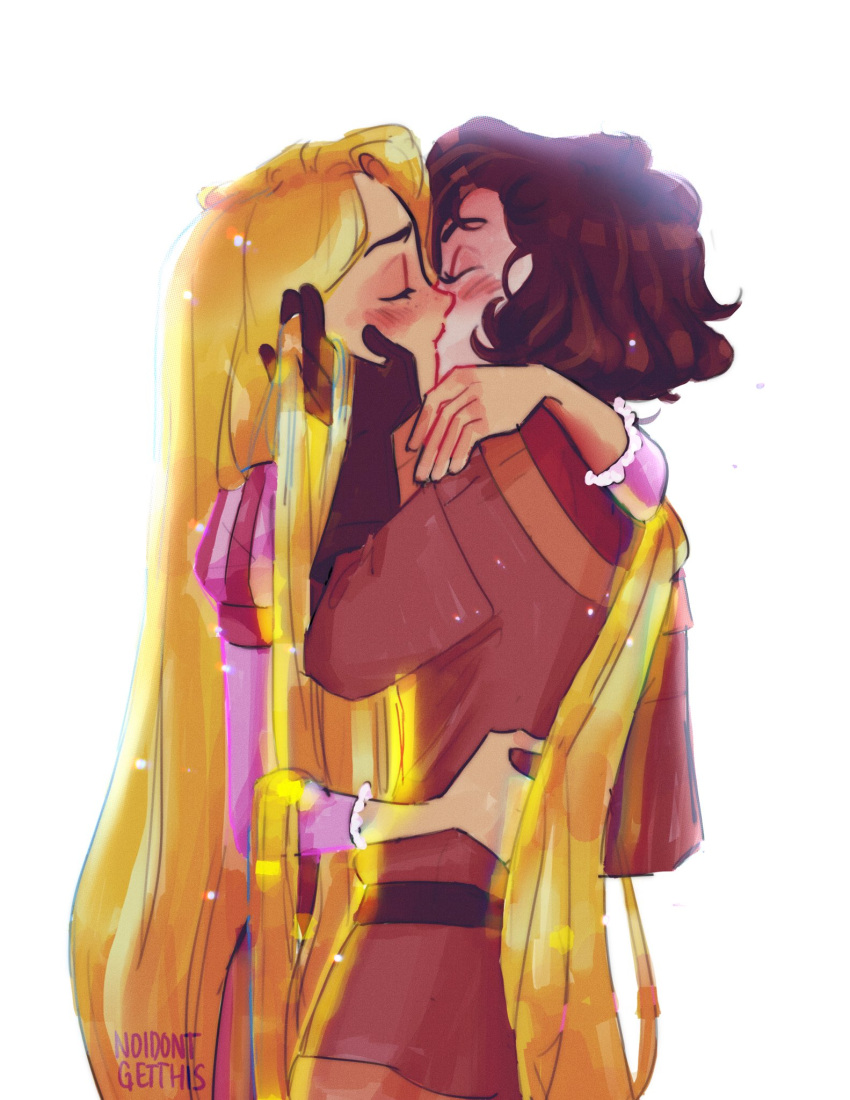 2girls, artist_name, belt, black_hair, blonde_hair, blush, brown_shirt, cassandra_(tangled)