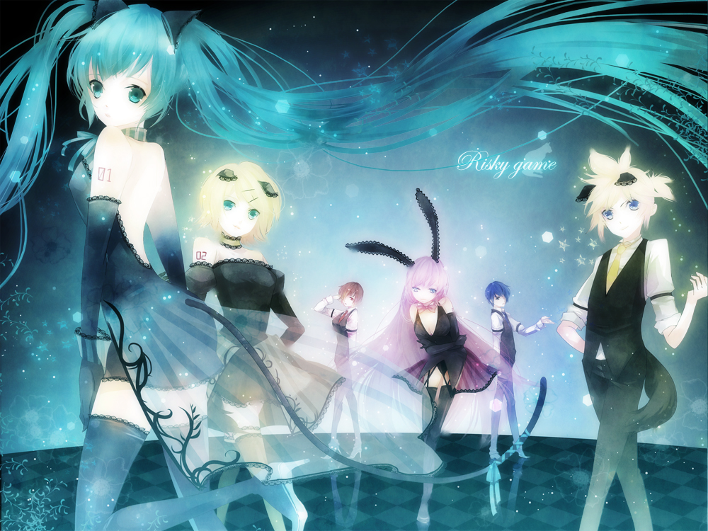 aqua_eyes, aqua_hair, blonde_hair, blue_eyes, blue_hair, brown_eyes, brown_hair, bunny_ears